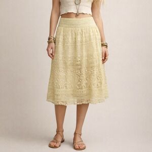 J. Gee Cream Lace Crochet Boho Midi Skirt Elastic Waist XL